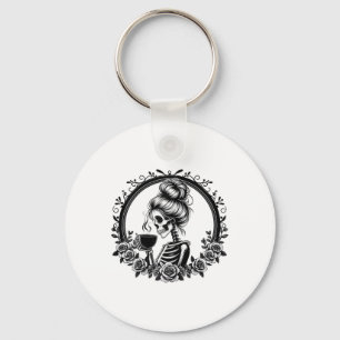 Messy Bun Skeleton Drinking Coffee Vintage Hallowe Key Ring