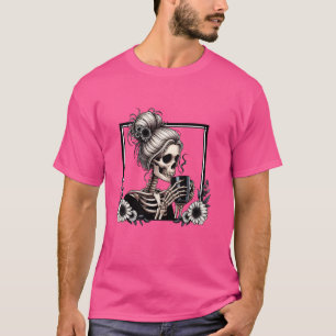 Messy Bun Skeleton Drinking Coffee Vintage Hallowe T-Shirt