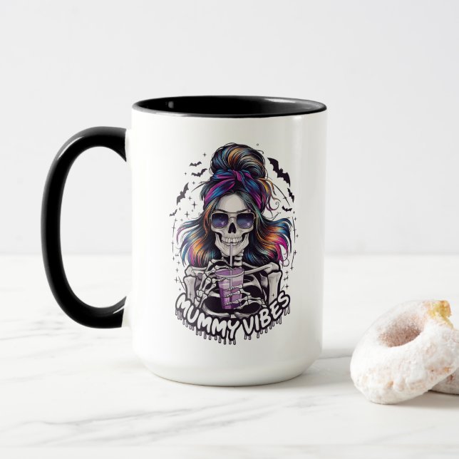 Messy Bun Skeleton "MUMMY VIBES" Coffee Mug (With Donut)