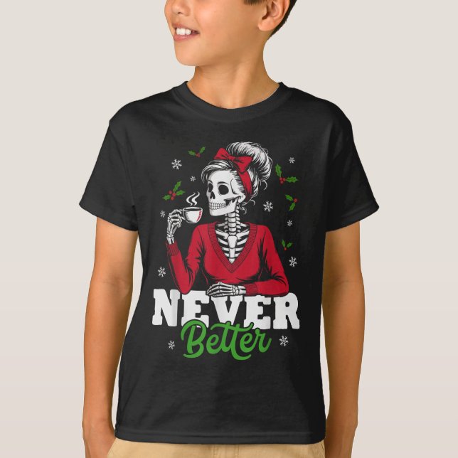 Messy Bun Skeleton Santa Coffee Xmas Funny Women S T-Shirt (Front)
