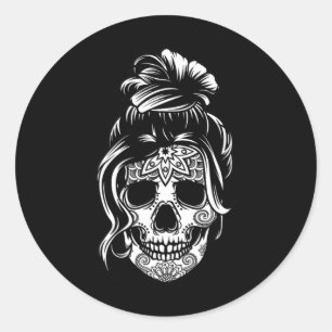 Messy Bun Skull Mum Halloween Shirt Dead Sugar Sku Classic Round Sticker