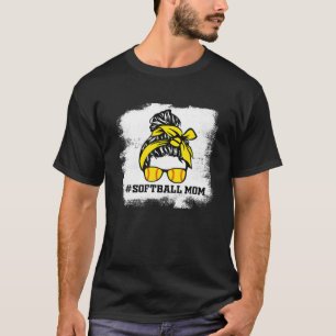 Messy Bun Softball Mum Life Bleached Game Day Chee T-Shirt