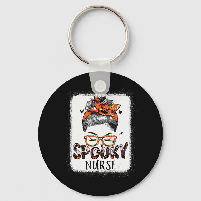 Messy Bun Spooky Nurse Women Pumpkin Halloween Bat Key Ring (Front)