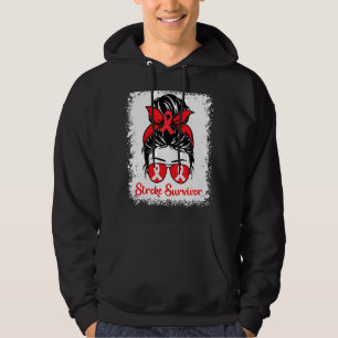 Messy Bun Stroke Survivor Awareness Red Ribbon Bra Hoodie
