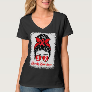Messy Bun Stroke Survivor Awareness Red Ribbon Bra T-Shirt