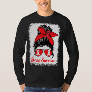 Messy Bun Stroke Survivor Awareness Red Ribbon Bra T-Shirt