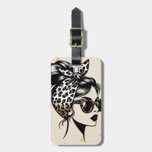 Messy Bun Woman with Leopard Print Bandanna and Su Luggage Tag