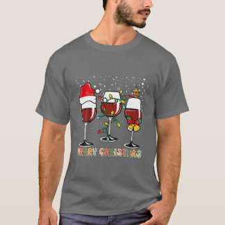 Messy Christmas Wine Glasses With Santa Hat Plaid T-Shirt