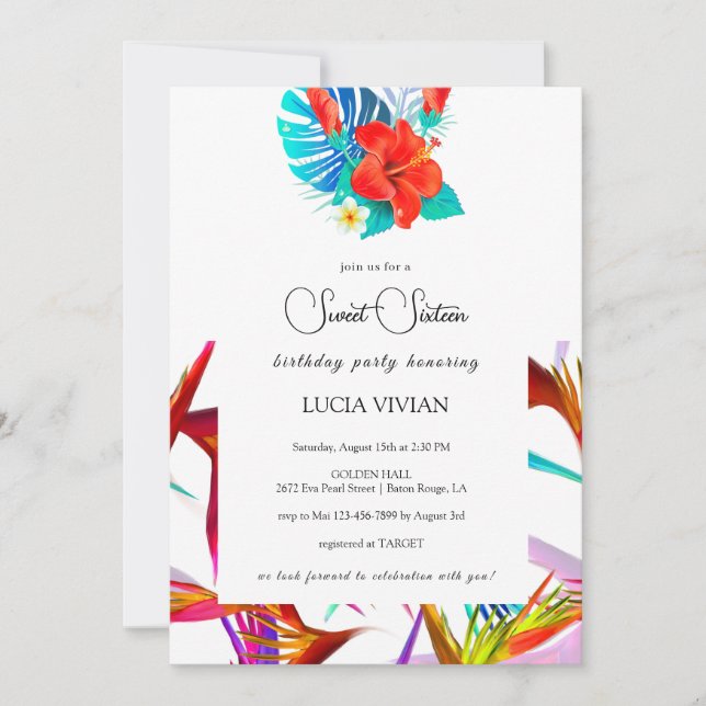 Messy Colourful Tropical Floral White Base Sweet 1 Invitation (Front)