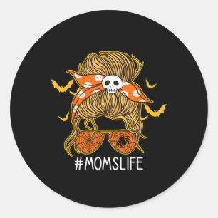 Messy Hair Bun Mom Life spooky Halloween Classic Round Sticker