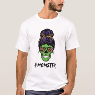 Messy Hair Bun Skull Momster Leopard Print Glasses T-Shirt