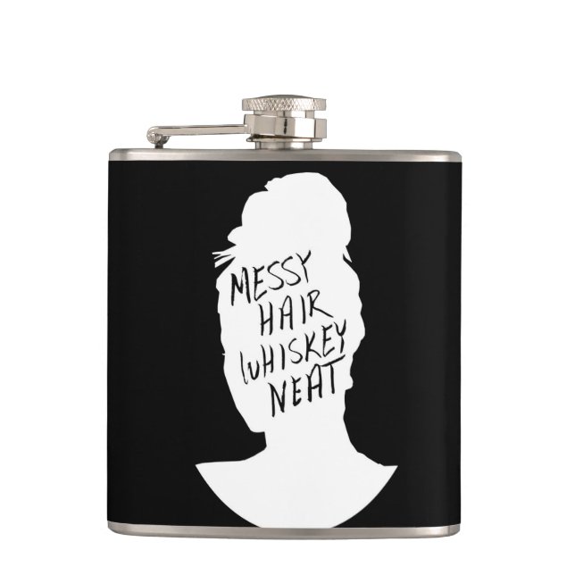 Messy Hair, Whiskey Neat Hip Flask (Front)