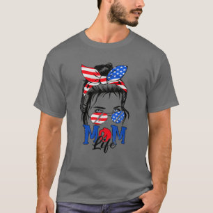 Messy Hair Woman Bun American Mom Life T-Shirt
