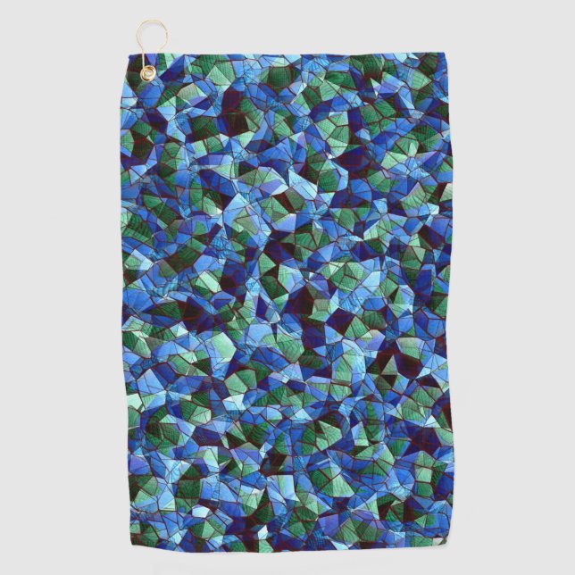 Messy of green and blue irregular mosaic overlaid  golf towel (Front)