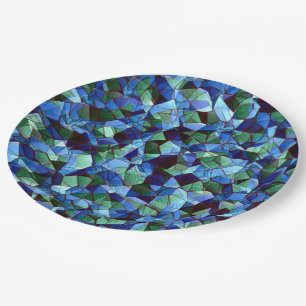 Messy of green and blue irregular mosaic overlaid paper plate