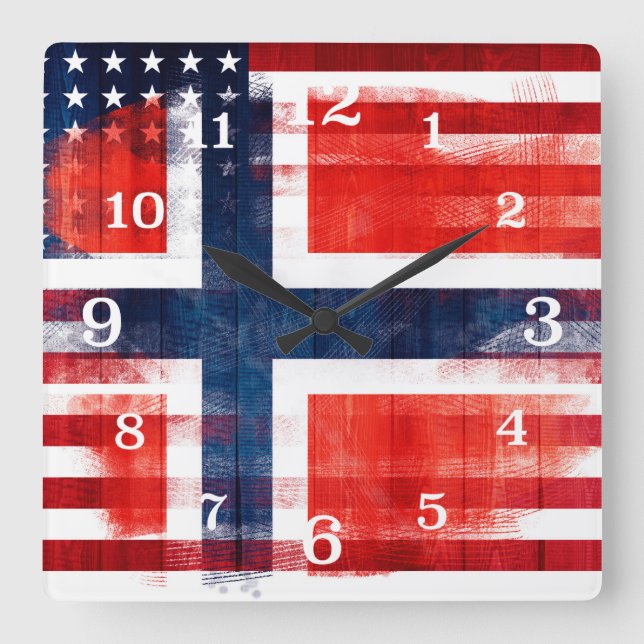 Messy Paint Strokes Norwegian American Flag Square Wall Clock (Front)