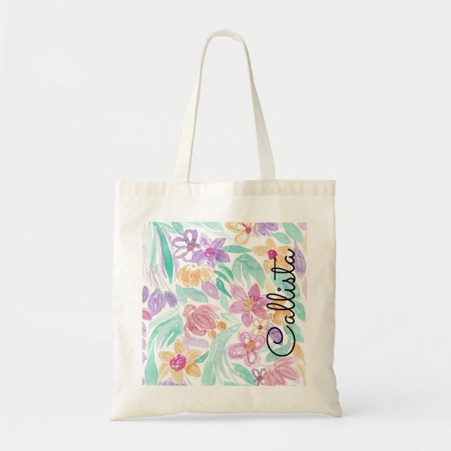 Messy Pink Orange Floral Watercolor Monogram Tote Bag (Front)