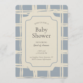 Messy Plaid Geometric Gender Neutral Blue Beige Invitation