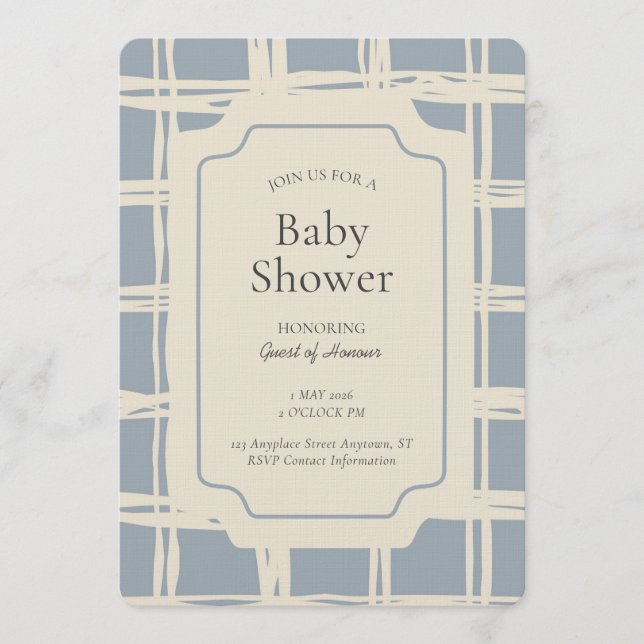 Messy Plaid Geometric Gender Neutral Blue Beige Invitation (Front)