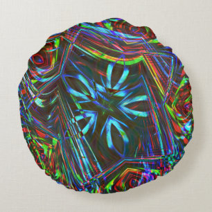 Messy strokes of colourful neon on dark background round cushion