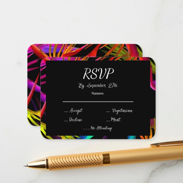 Messy Tropical Garden Black RSVP Enclosure Card (Front/Back In Situ)