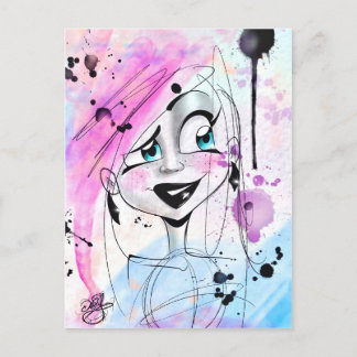 Messy Watercolor Sketch Girl Postcard