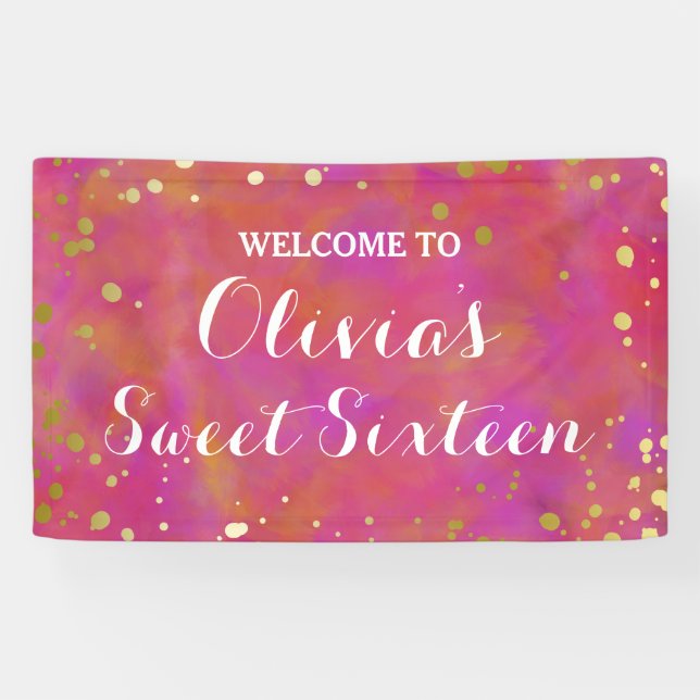 Messy Watercolors & Gold Confetti Sweet Sixteen Banner (Horizontal)
