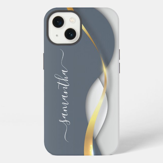 Metal 3-D look Calligraphy Gold Monogram Wave iPhone Case (Back)