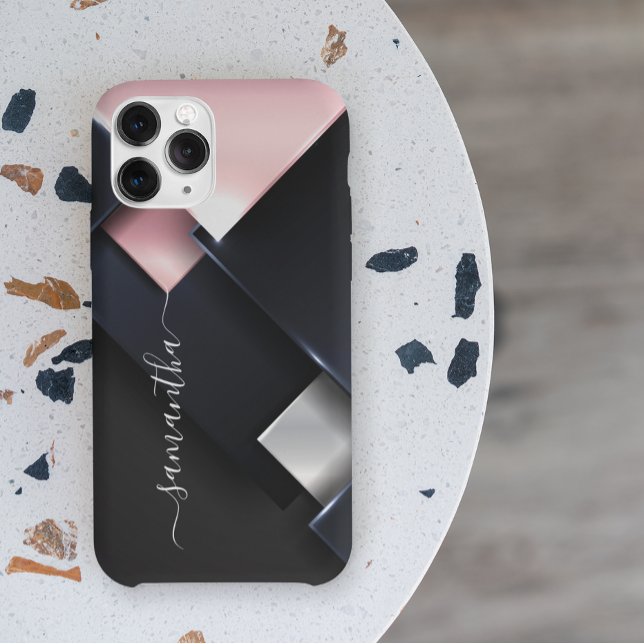 Metal 3-D  Monogram  Pink Black Squares  iPhone Case (Creator Uploaded)