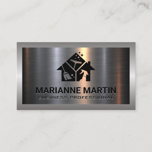 Metal Aluminium Silver Brushed | Cleaning Icons Business Card (Front)