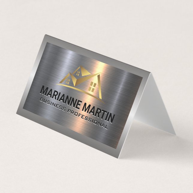 Metal Aluminium Silver Brushed | Gold House Logo Business Card (Front)