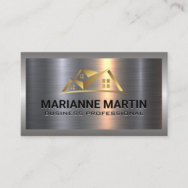 Metal Aluminium Silver Brushed | Gold House Logo Business Card (Front)