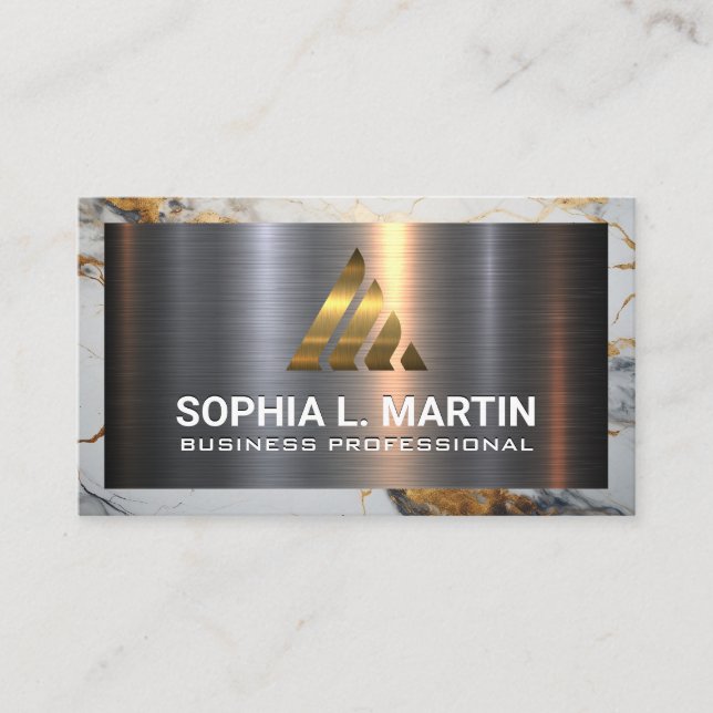 Metal Aluminium Silver Brushed | Gold Marble Business Card (Front)