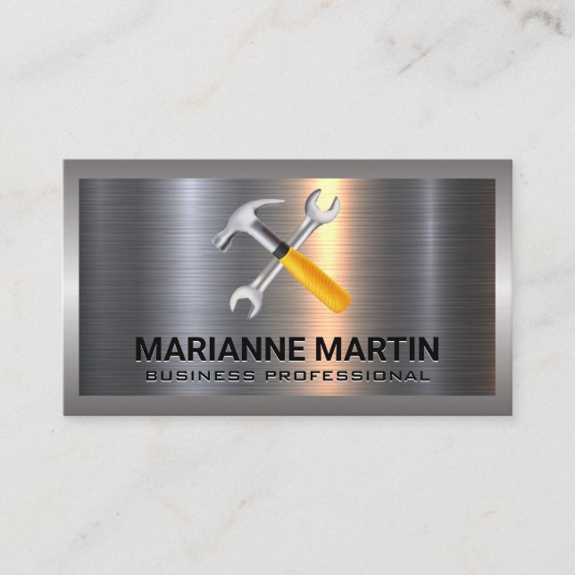 Metal Aluminium Silver Brushed | Hammer Wrench Business Card (Front)