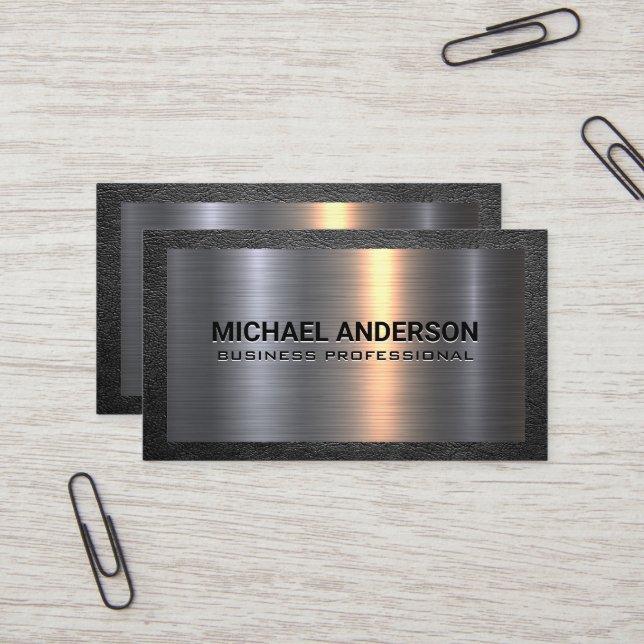 Metal Aluminium Silver Brushed | Leather Border Business Card (Front/Back In Situ)