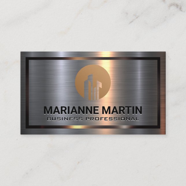 Metal Aluminium Silver Brushed | Real Estate Logo Business Card (Front)