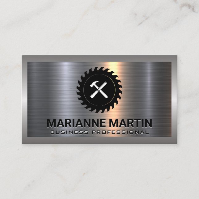 Metal Aluminium Silver Brushed | Saw and Hammer Business Card (Front)