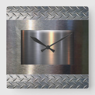 Metal and diamond plate design square wall clock