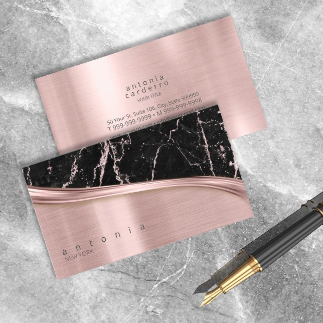Metal and Glitter Marble Wave Blk Rose Gold ID808 Business Card (Creator Uploaded)