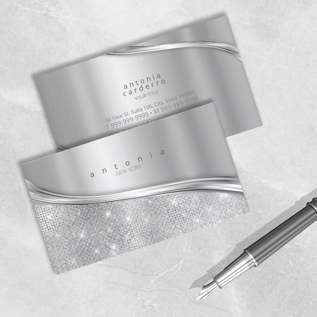 Metal and Glitter Wave Silver ID807 Business Card (Creator Uploaded)