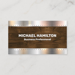 Metal Brush Rivets Wood Background Business Card