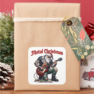 Metal Christmas Tattooed Santa Playing Guitar Square Sticker