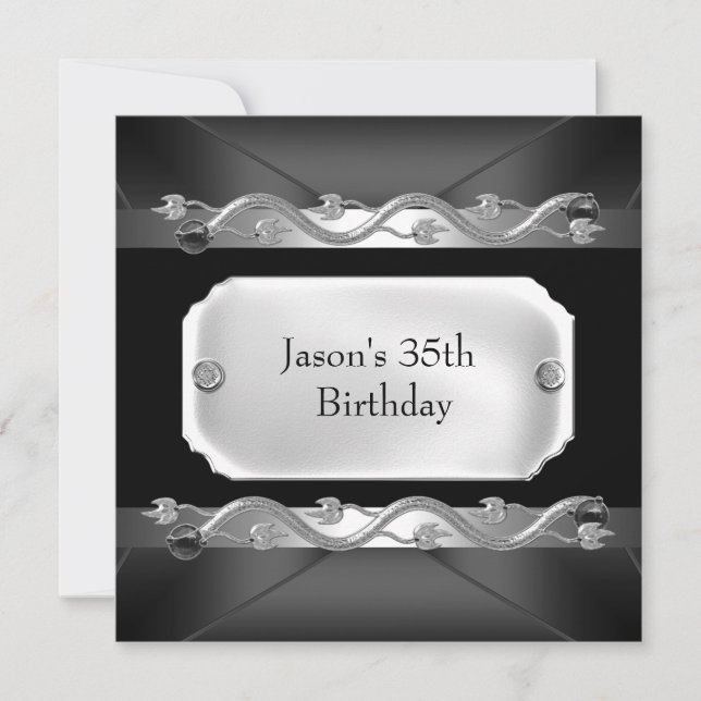 Metal Chrome Black Silver Mens 35th Birthday Invitation (Front)