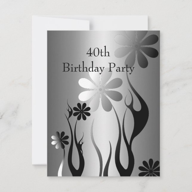 Metal Chrome Black White Style Silver 40th Floral Invitation (Front)