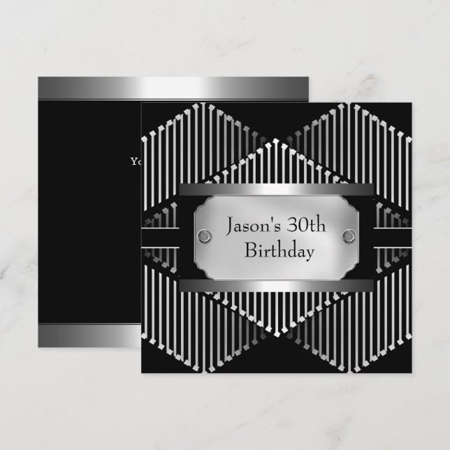 Metal Chrome Black White Style Silver Mens 30th Invitation (Front/Back)
