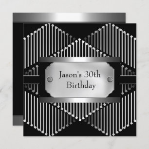 Metal Chrome Black White Style Silver Mens 30th Invitation
