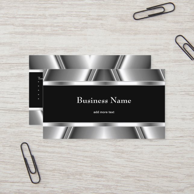 Metal Chrome Elegant Black & White Style Silver Business Card (Front/Back In Situ)