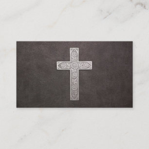 Metal Cross On Dark Leather Business Card