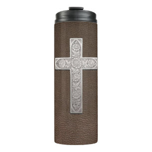 Metal Cross On Dark Leather Thermal Tumbler