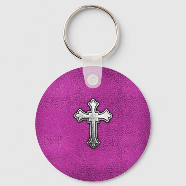 Metal Cross on Pink Leather Key Ring (Front)